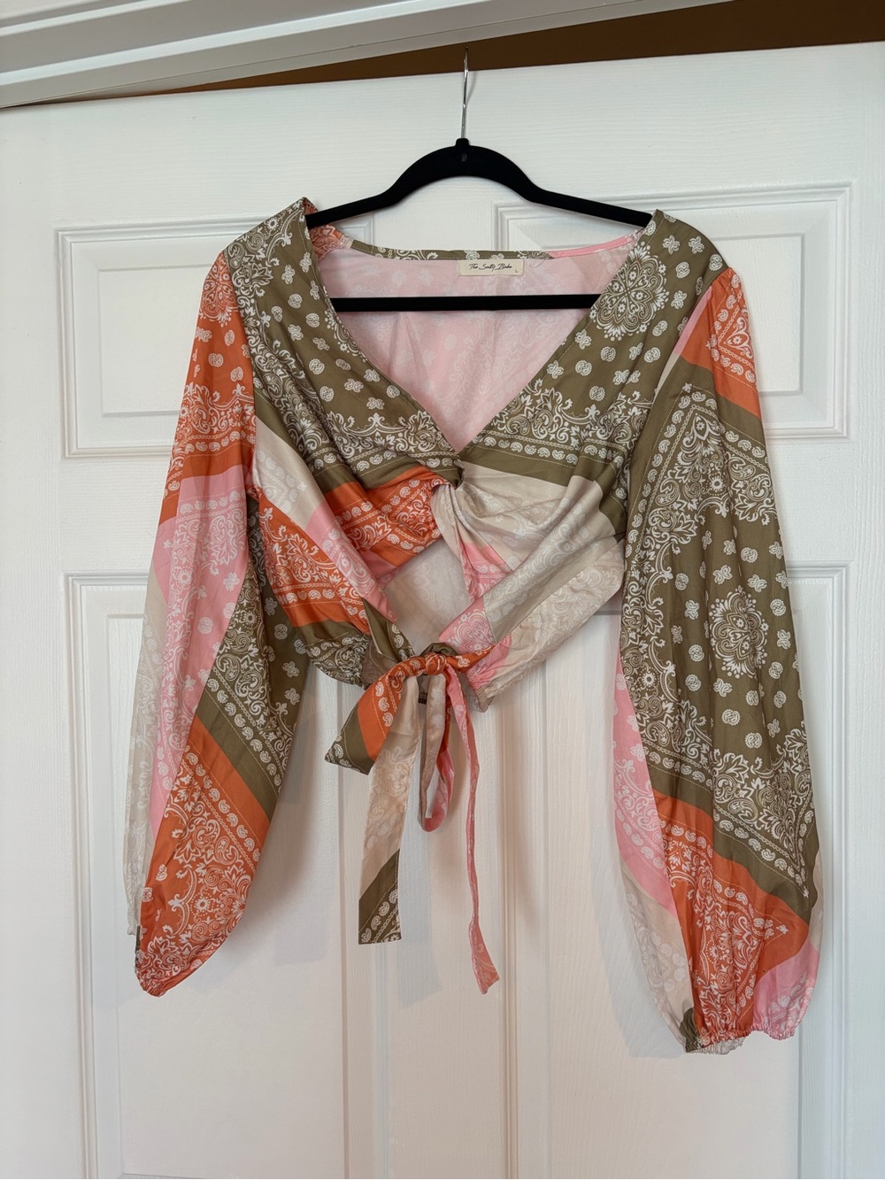 Tie-Front Bandana-Print Blouse in Pink, Orange & Olive